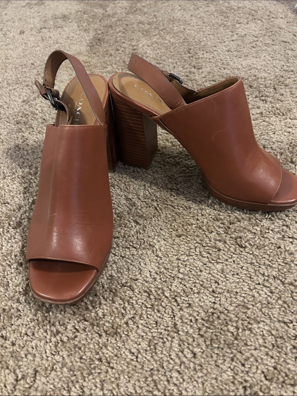 Coach Tan Brown Leather Open-Toe Block Heel Slingbacks